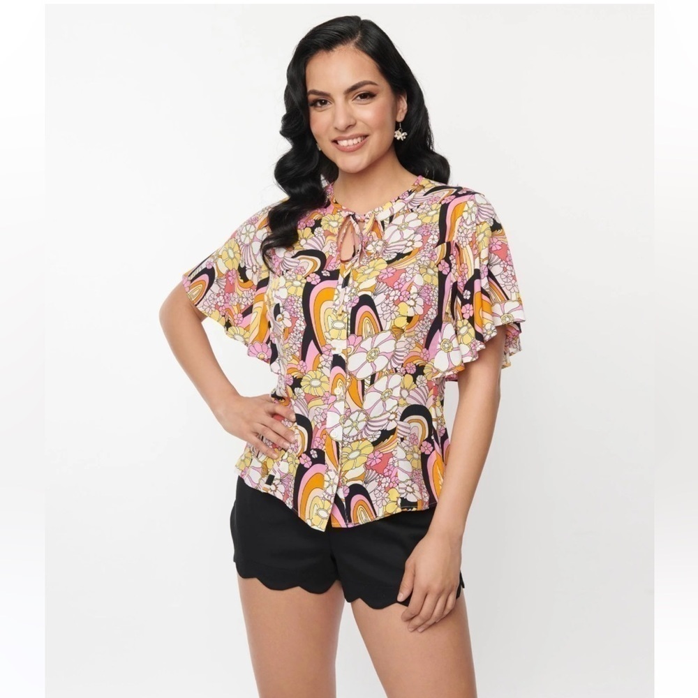 Unique Vintage Y2K Pink & Yellow Mod Floral Cecilia Blouse Size Small NWT